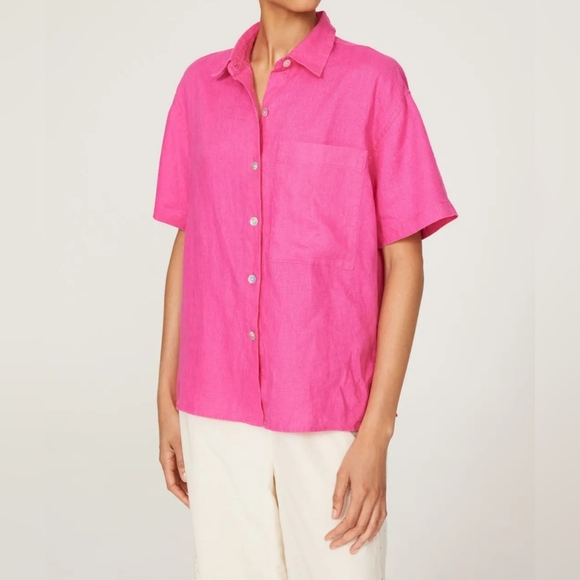 Rails Women's Linen Raspberry Pink Short-Sleeve Mackinley Button-Down Shirt, S - Picture 3 of 14